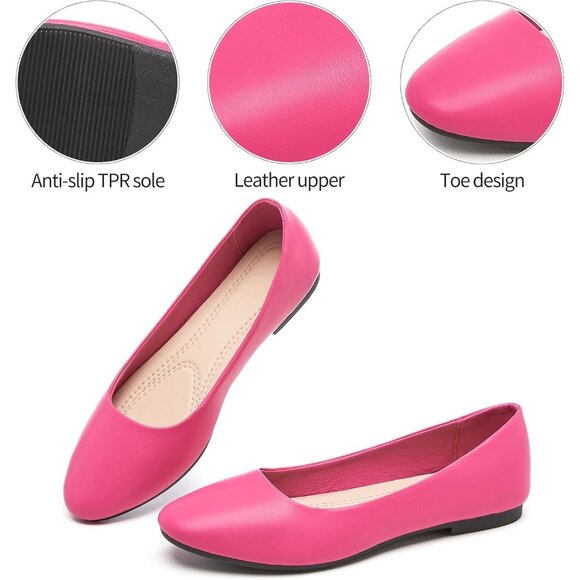 Women's Rose Red PU Leather Closed Toe Slip on Comfortable Ballet Flats Shoes - Picture 9 of 9